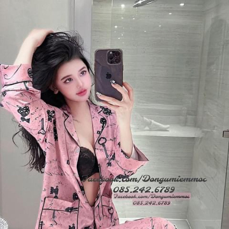 Bộ ngủ pizama phối hoạ tiết hồng gấm Bộ ngủ mặc nhà nữ sang chảnh