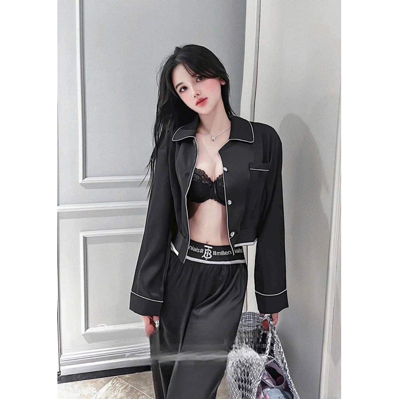 Bộ ngủ pizma lụa mặc nhà nữ dáng crotop Bộ mặc nhà sang chảnh