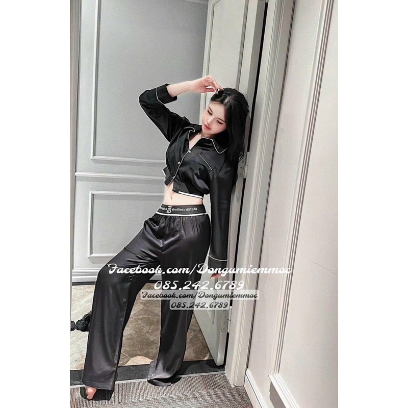 Bộ ngủ pizma lụa mặc nhà nữ dáng crotop Bộ mặc nhà sang chảnh