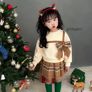 Quần áo trẻ em, Bộ cao cấp bé gái, áo nỉ kem phối nơ caro và chân váy dạ xòe  S975 | Tiểu Yến KID