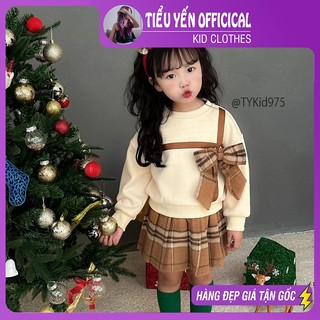 Quần áo trẻ em, Bộ cao cấp bé gái, áo nỉ kem phối nơ caro và chân váy dạ xòe  S975 | Tiểu Yến KID