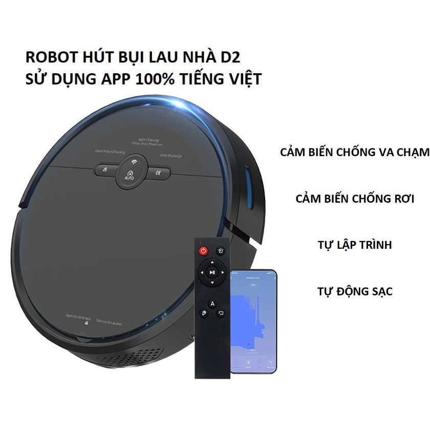 Robot Hút Bụi Lau Nhà - D2-001 - Thông Minh - Tự Lập Trình - Tự Sạc Pin - Cảm Biến Chống Rơi - APP Tiếng Việt BH 2 Năm