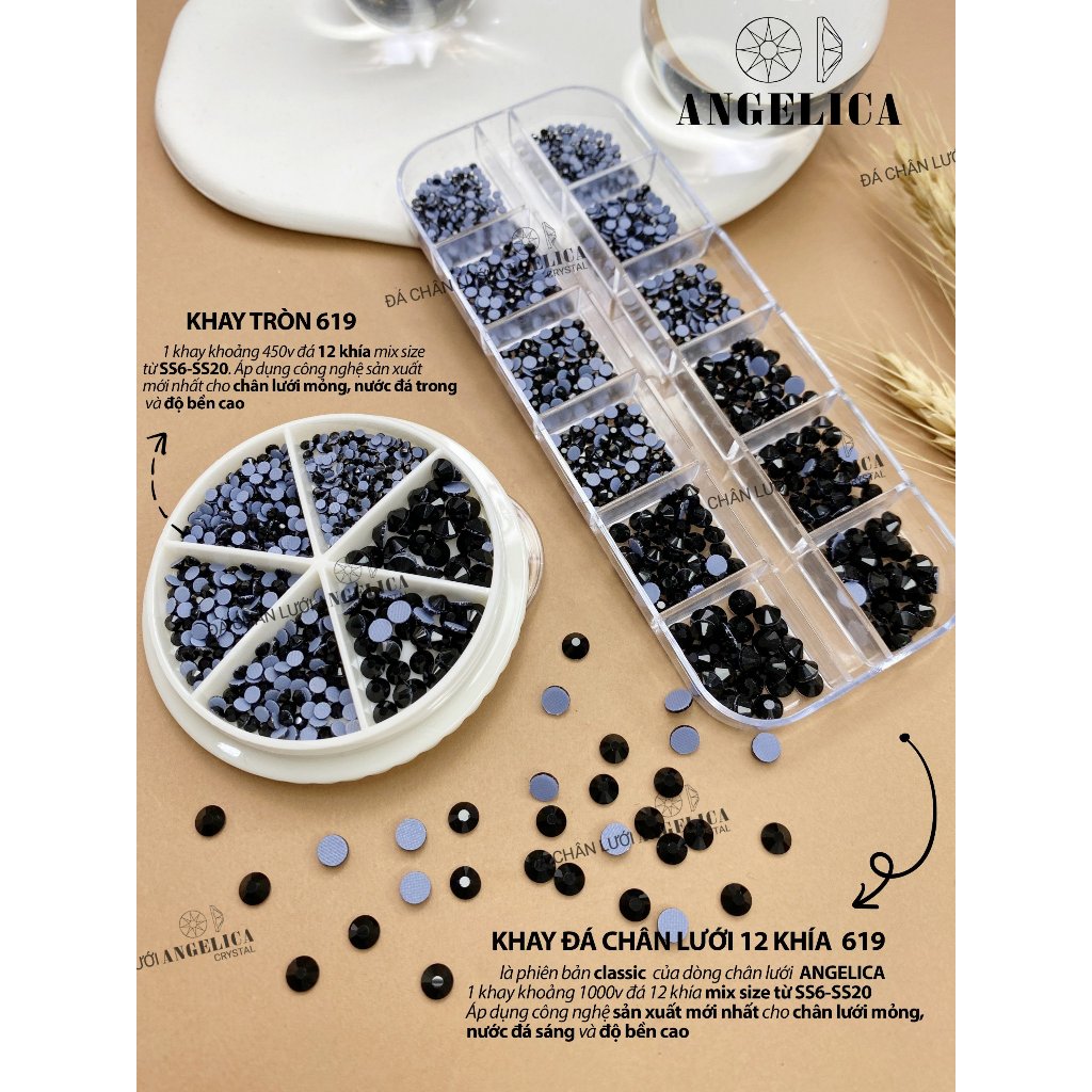 Đá chân lưới nail 12 khía màu đen đậm trang trí móng ANGELICA 619