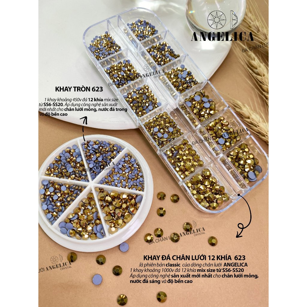 Đá chân lưới 12 khía nail màu vàng Gold đính trang trí móng ANGELICA 623