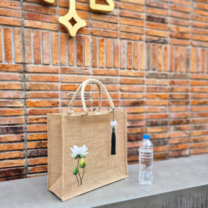 Túi cói hoạ tiết chị em Sen to xịn có dây kéo 🪷