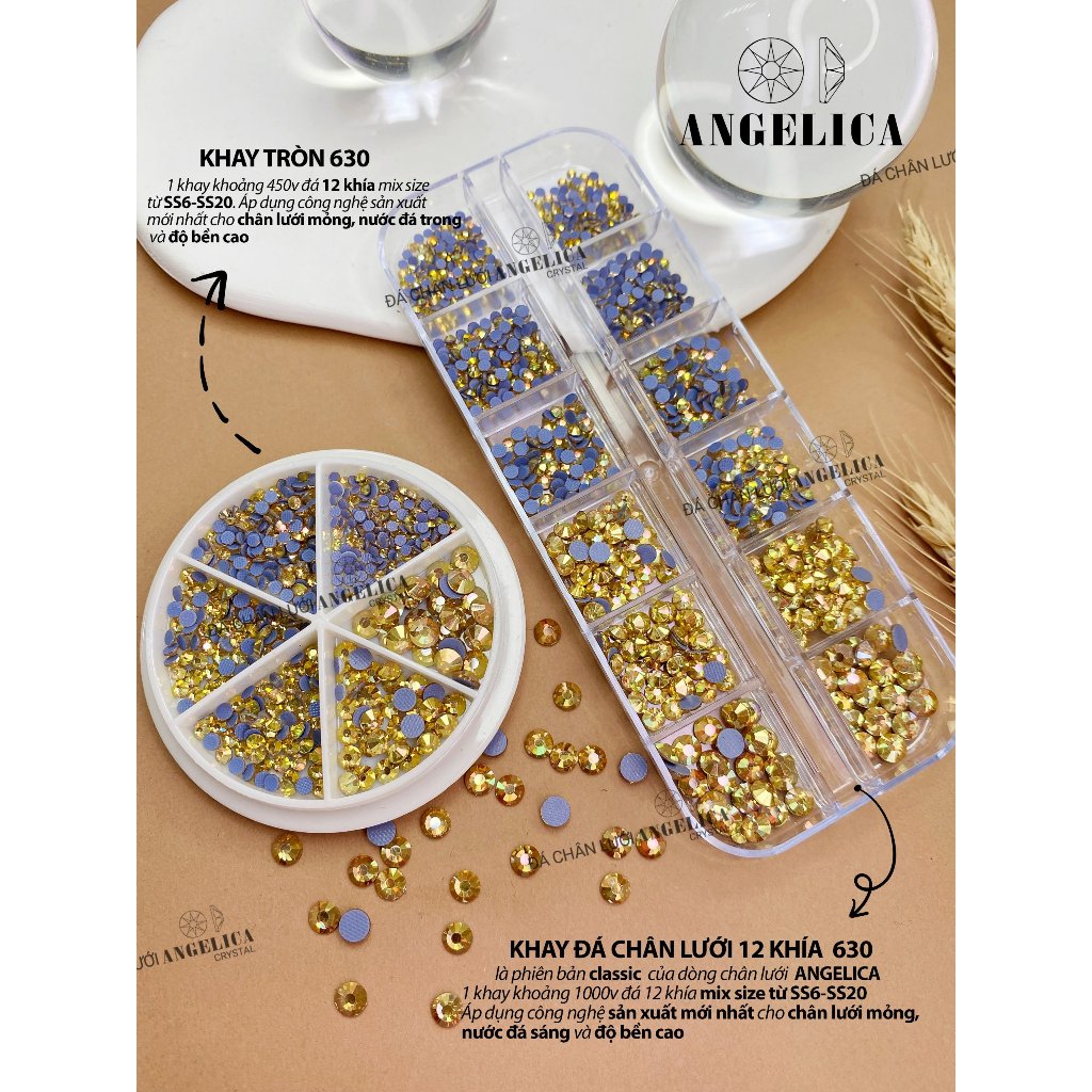 Đá chân lưới nail 12 khía vàng gold ánh hồng Metal Sunlight đính trang trí móng ANGELICA 630