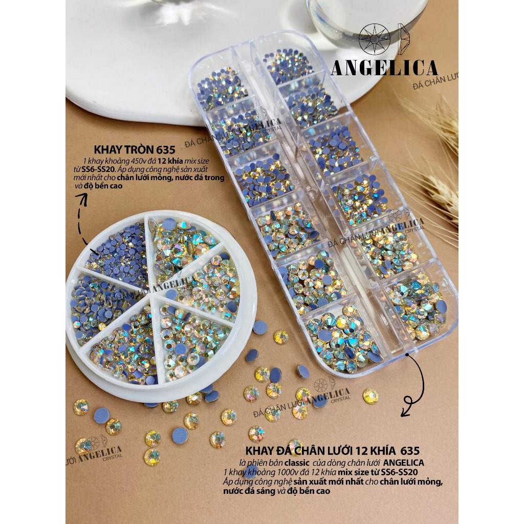 Đá chân lưới nail 12 khía màu pha lê Jonquil Ab đính trang trí móng ANGELICA 635