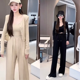 Set Đồ Bộ Nữ Mặc Nhà 3 Món Ôm Body Chất Nhuyễn Tăm Trơn Óng, Áo Dài Tay, Quần Suông Chất Mềm Mại Co Giãn 4 Chiều