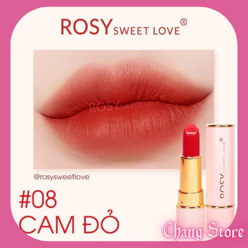 Son sáp lì ROSY chính hãng, Son lì mềm môi lên màu chuẩn cực đẹp trắng da số 08 cam đỏ