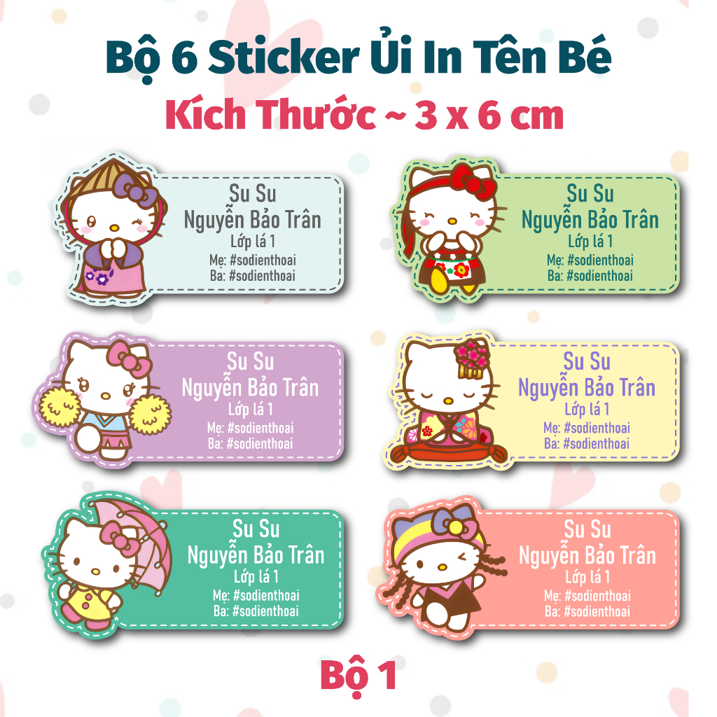 Bộ 6 Sticker Ủi In Tên Bé Mẫu Hello Kitty - Sticker Ủi Quần Áo, Ba lô ...
