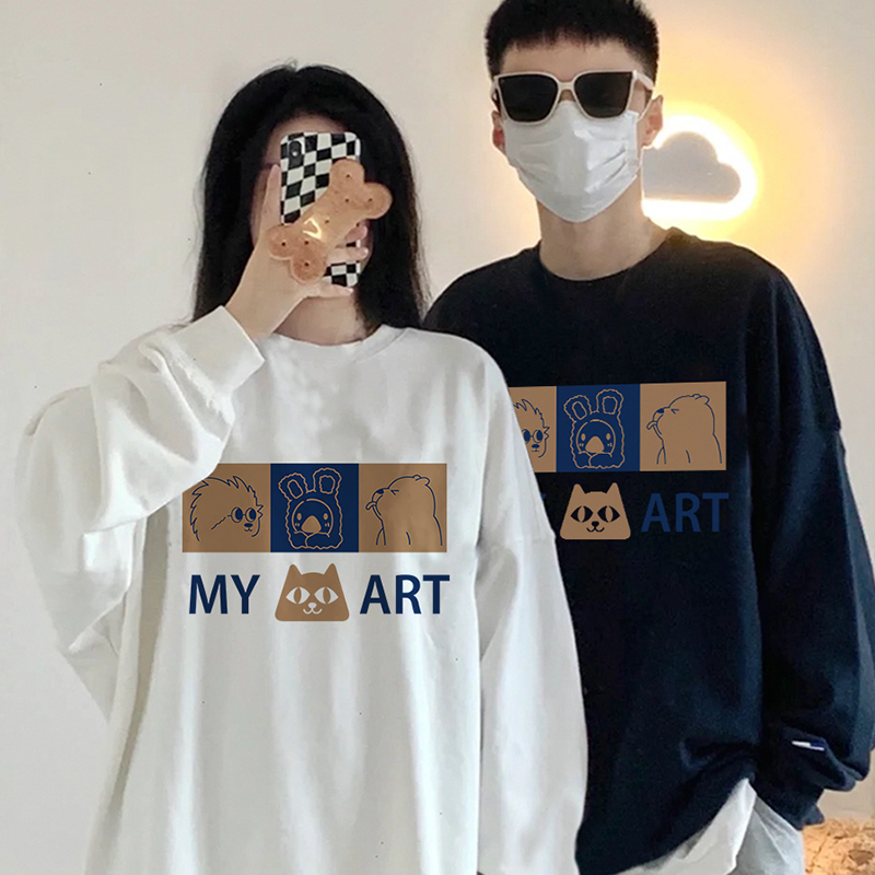 Áo sweater cặp đôi HappyFamily  - Mẫu áo in họa tiết hoạt hình đáng yêu My Art chất nỉ da cá cao cấp Màu Đen - Trắng