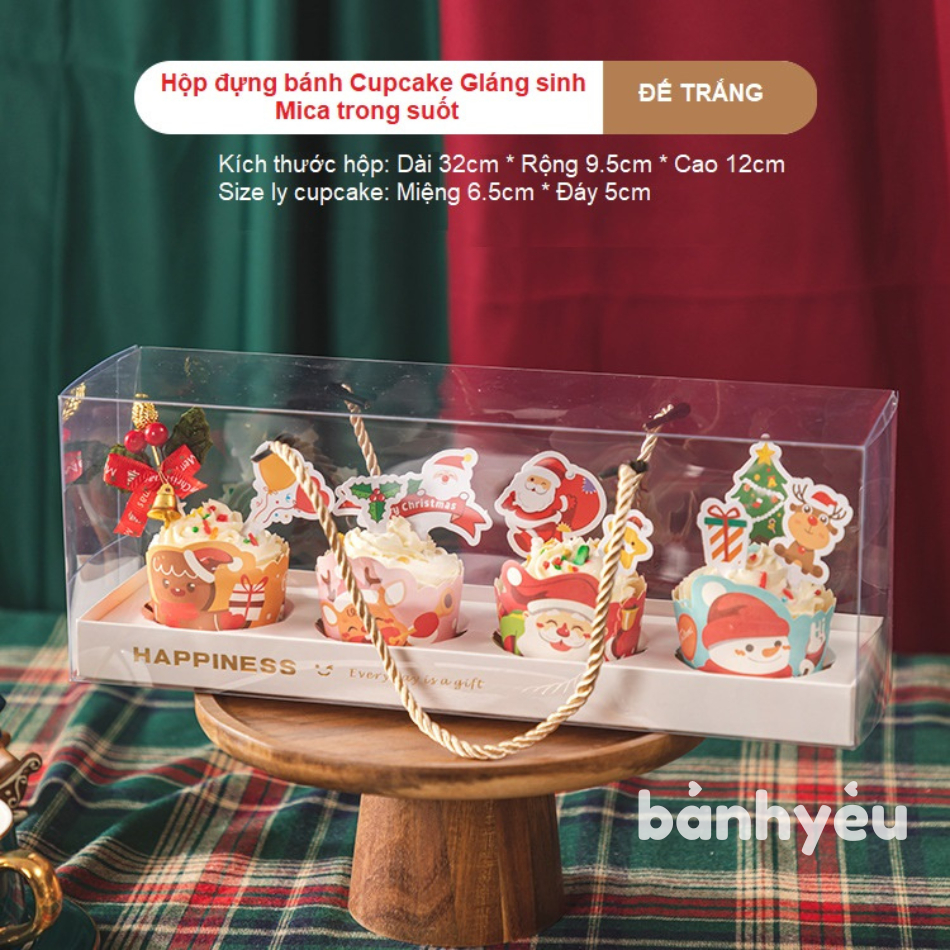 Hộp Mica đựng bánh Cupcake 4 bánh có quai xách/Hộp đựng bánh Cupcake Giáng Sinh  - BB176