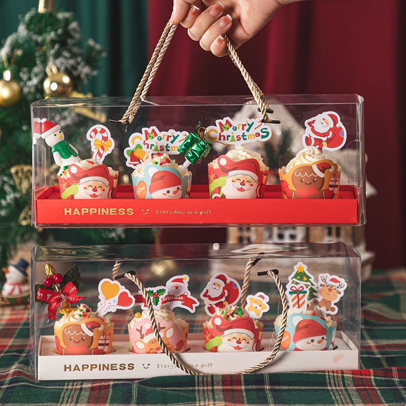 Hộp Mica đựng bánh Cupcake 4 bánh có quai xách/Hộp đựng bánh Cupcake Giáng Sinh  - BB176