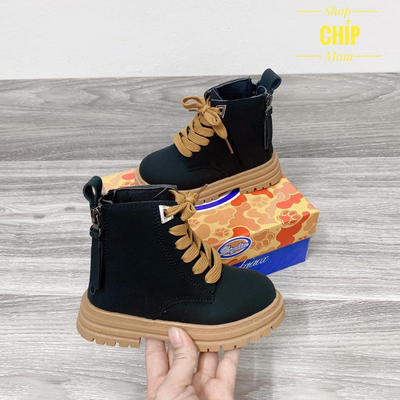 bốt bé trai bé gái cổ cao da lì cá tính có khóa kéo êm chân bé trai đen, nâu có size đại QCCC full box BO6919 ( ảnh thât