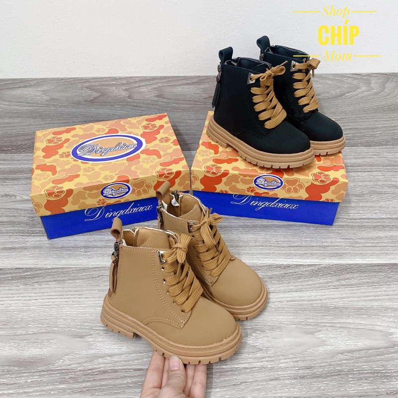 bốt bé trai bé gái cổ cao da lì cá tính có khóa kéo êm chân bé trai đen, nâu có size đại QCCC full box BO6919 ( ảnh thât