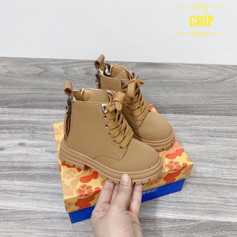 bốt bé trai bé gái cổ cao da lì cá tính có khóa kéo êm chân bé trai đen, nâu có size đại QCCC full box BO6919 ( ảnh thât