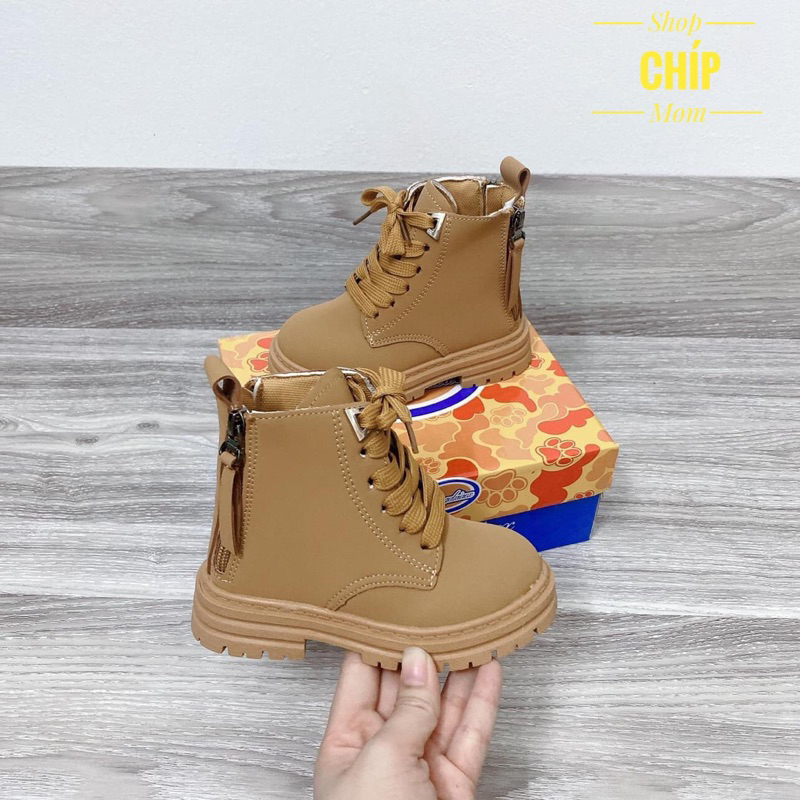 bốt bé trai bé gái cổ cao da lì cá tính có khóa kéo êm chân bé trai đen, nâu có size đại QCCC full box BO6919 ( ảnh thât