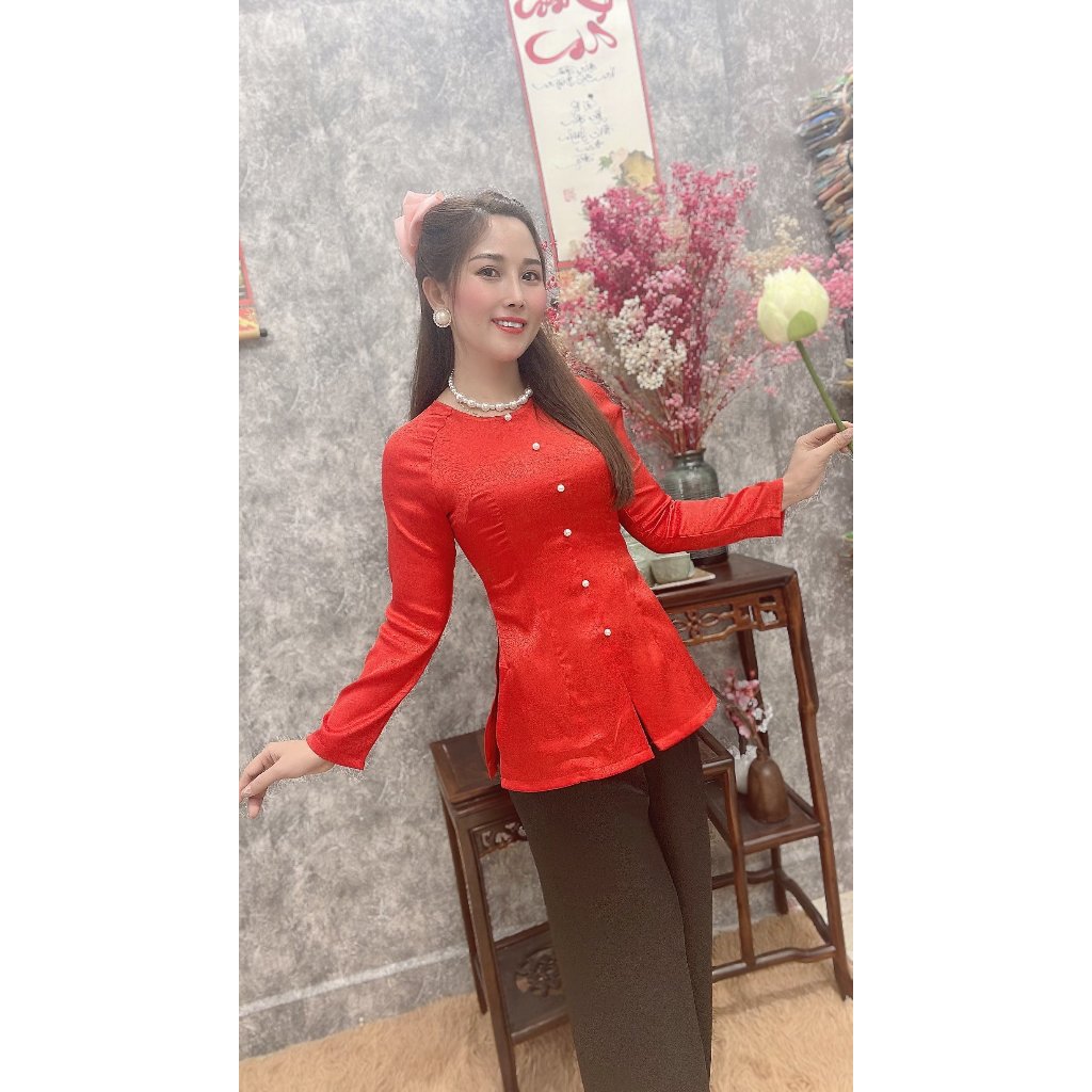 B.A41 ( Áo Lẻ ) Gấm Hoa Hồng Cổ Tròn Dây Kéo Tay Dài