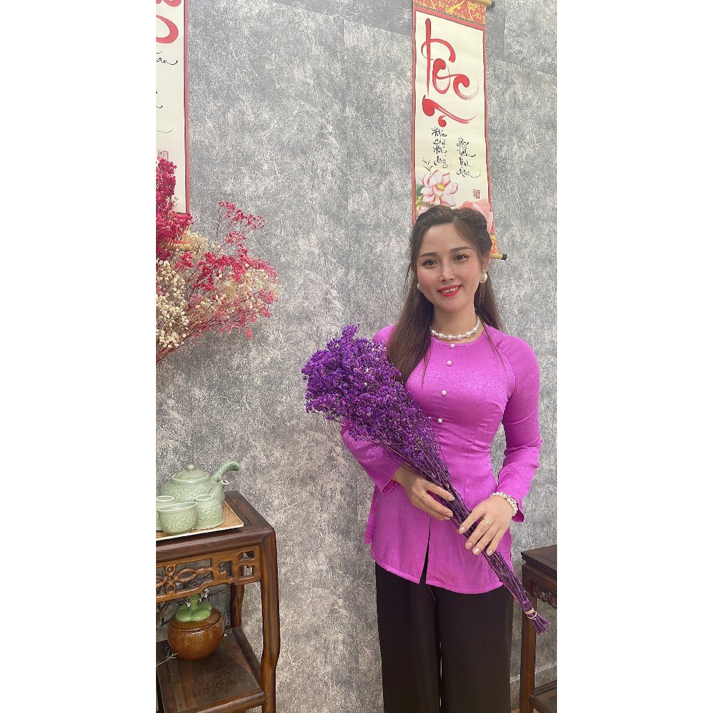 B.A41 ( Áo Lẻ ) Gấm Hoa Hồng Cổ Tròn Dây Kéo Tay Dài
