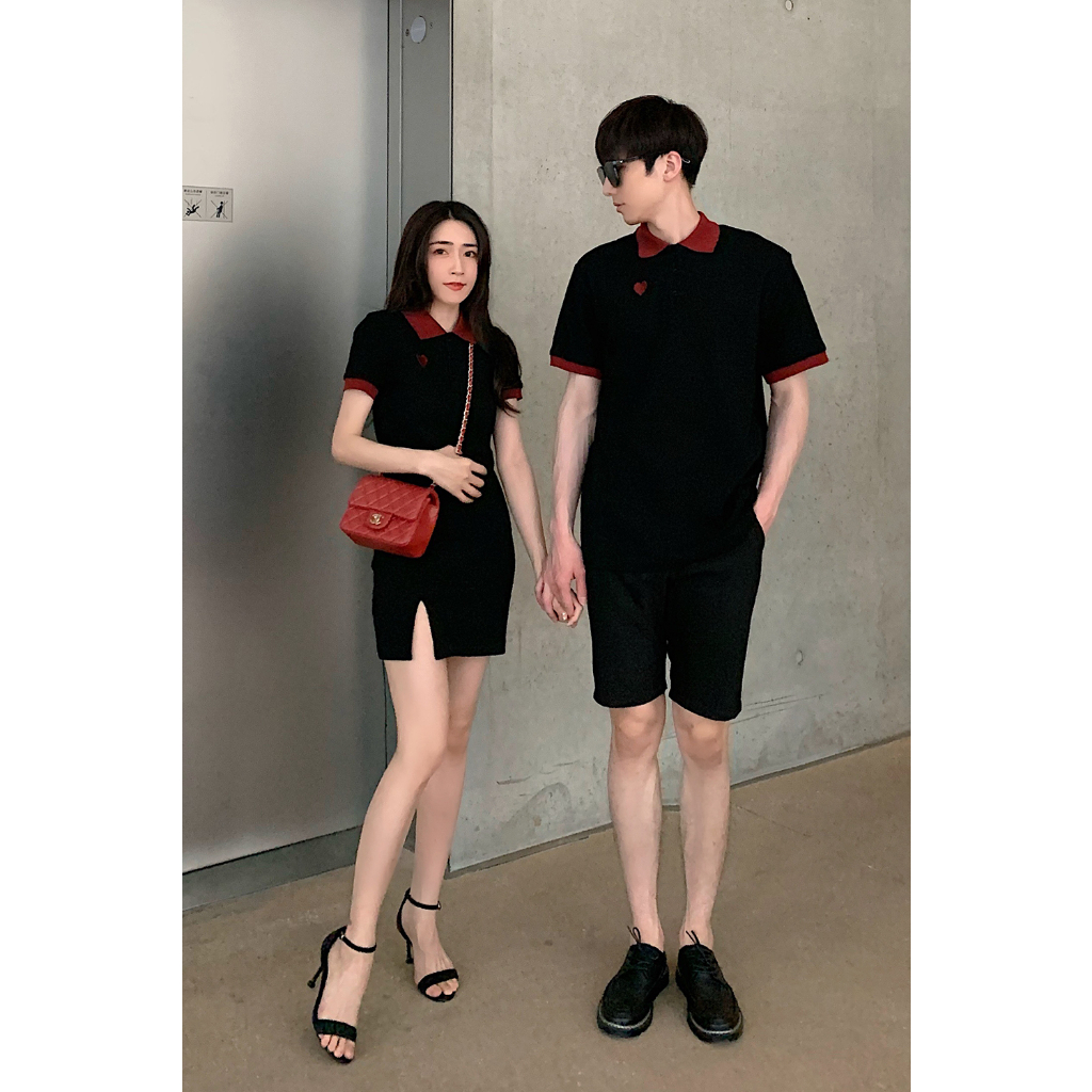 Set đôi Polo Style màu đen - Set áo váy trái tim