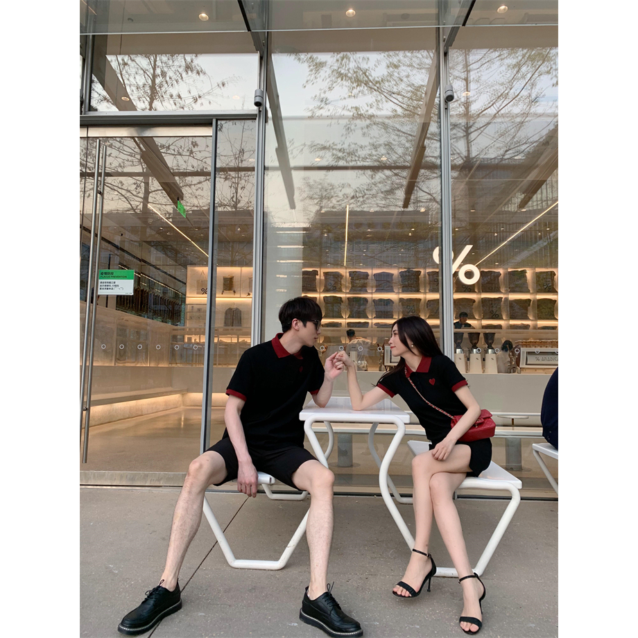 Set đôi Polo Style màu đen - Set áo váy trái tim