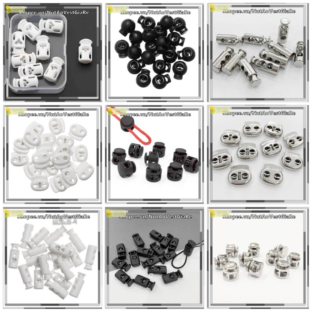 Set 20 Chốt nhựa nhiều mẫu (loại 2 lỗ, 1 lỗ) nút chặn dây rút nón, áo ...