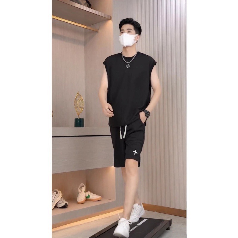 Bộ Phông Hè Thể Thao Cổ Tròn Phối Chữ Thập Cá Tính Sành Điệu, Chất Liệu Cotton Mềm Mịn Thấm Hút Mồ Hôi Cực Tốt