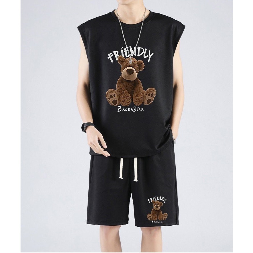 Bộ Phông Hè Thể Thao Cổ Tròn Phối Gấu Friendly Cá Tính Sành Điệu, Chất Liệu Cotton Mềm Mịn Thấm Hút Mồ Hôi Cực Tốt