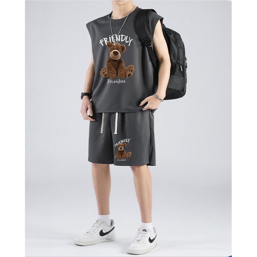 Bộ Phông Hè Thể Thao Cổ Tròn Phối Gấu Friendly Cá Tính Sành Điệu, Chất Liệu Cotton Mềm Mịn Thấm Hút Mồ Hôi Cực Tốt