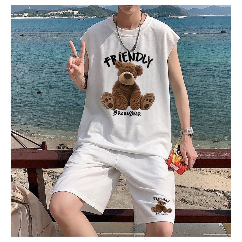 Bộ Phông Hè Thể Thao Cổ Tròn Phối Gấu Friendly Cá Tính Sành Điệu, Chất Liệu Cotton Mềm Mịn Thấm Hút Mồ Hôi Cực Tốt