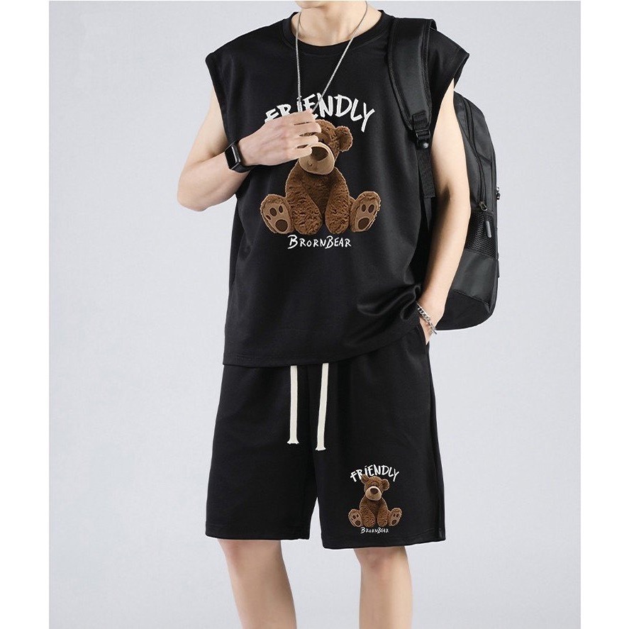Bộ Phông Hè Thể Thao Cổ Tròn Phối Gấu Friendly Cá Tính Sành Điệu, Chất Liệu Cotton Mềm Mịn Thấm Hút Mồ Hôi Cực Tốt