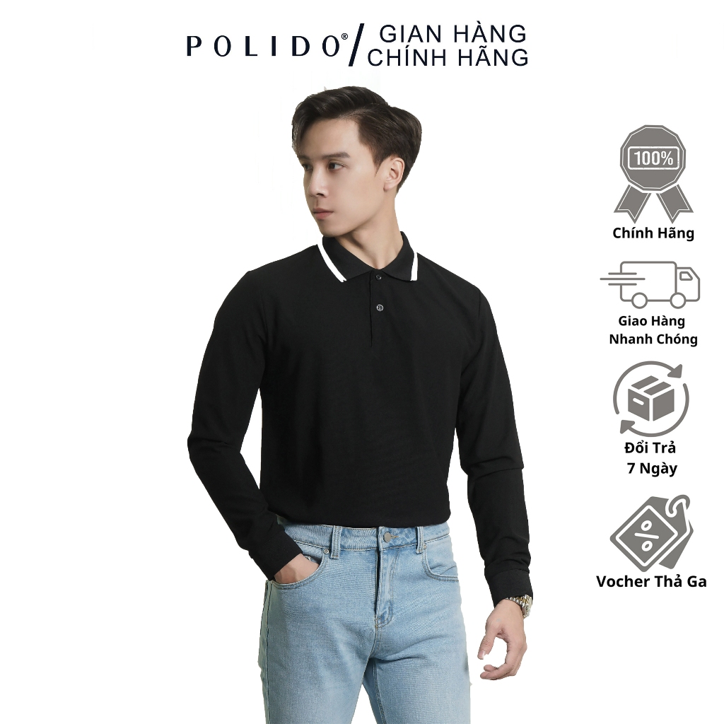 Áo Polo Nam Dài Tay Polido Phối Bo Chất Cotton Thoáng Mát Mềm Mịn Co Giãn Form Simfit Chống Xù Hạn Chế Nhăn Thời Trang