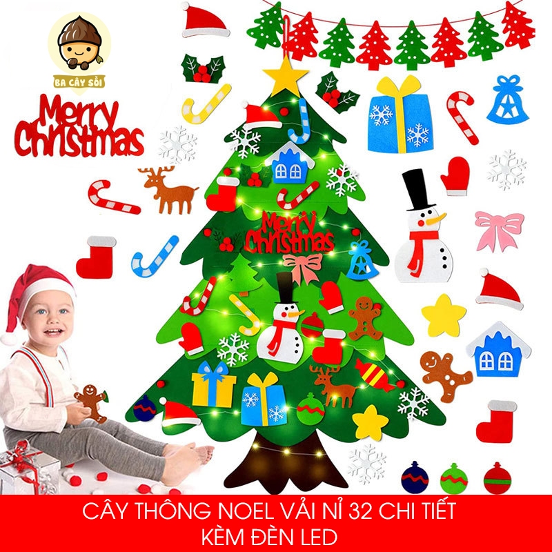 Cây thông Noel vải nỉ dán tường tự  trang trí dịp Giáng Sinh cho bé ( kèm đèn led )