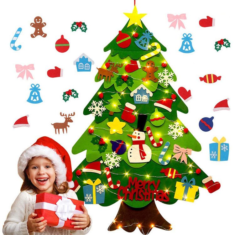 Cây thông Noel vải nỉ dán tường tự  trang trí dịp Giáng Sinh cho bé ( kèm đèn led )