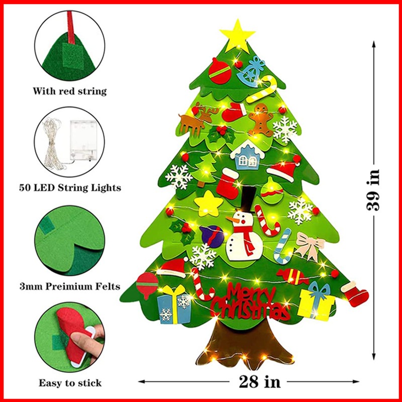Cây thông Noel vải nỉ dán tường tự  trang trí dịp Giáng Sinh cho bé ( kèm đèn led )