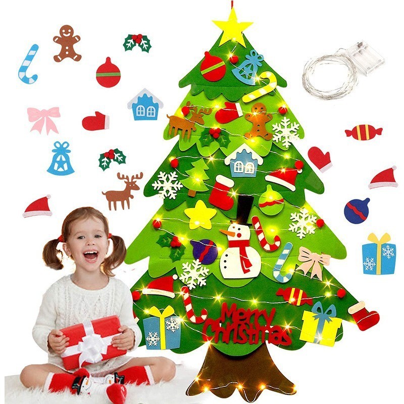 Cây thông Noel vải nỉ dán tường tự  trang trí dịp Giáng Sinh cho bé ( kèm đèn led )