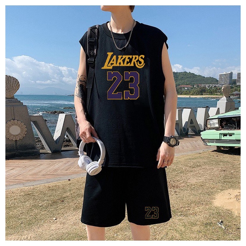 Bộ Phông Hè Thể Thao Cổ Tròn Phối Chữ LAKERS Cá Tính Sành Điệu, Chất Liệu Cotton Mềm Mịn Thấm Hút Mồ Hôi Cực Tốt