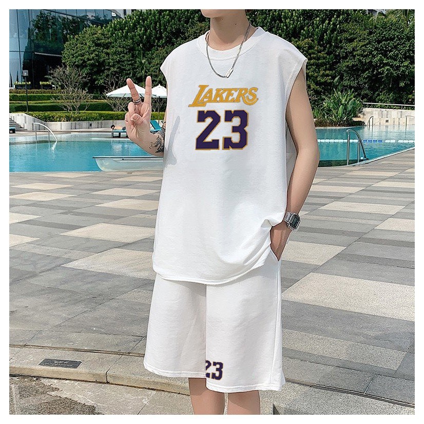 Bộ Phông Hè Thể Thao Cổ Tròn Phối Chữ LAKERS Cá Tính Sành Điệu, Chất Liệu Cotton Mềm Mịn Thấm Hút Mồ Hôi Cực Tốt