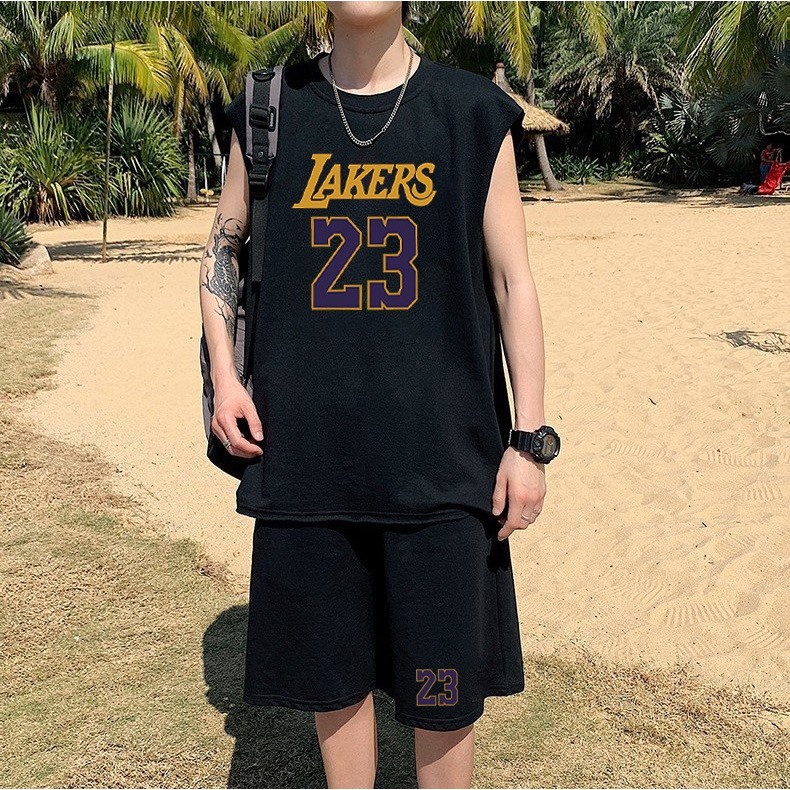 Bộ Phông Hè Thể Thao Cổ Tròn Phối Chữ LAKERS Cá Tính Sành Điệu, Chất Liệu Cotton Mềm Mịn Thấm Hút Mồ Hôi Cực Tốt
