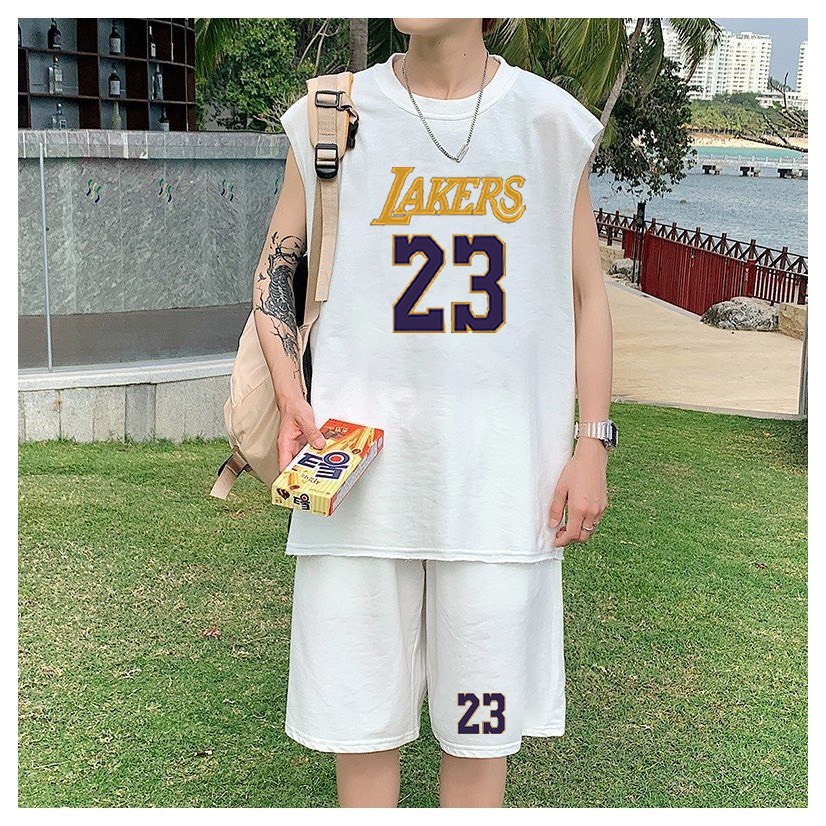 Bộ Phông Hè Thể Thao Cổ Tròn Phối Chữ LAKERS Cá Tính Sành Điệu, Chất Liệu Cotton Mềm Mịn Thấm Hút Mồ Hôi Cực Tốt