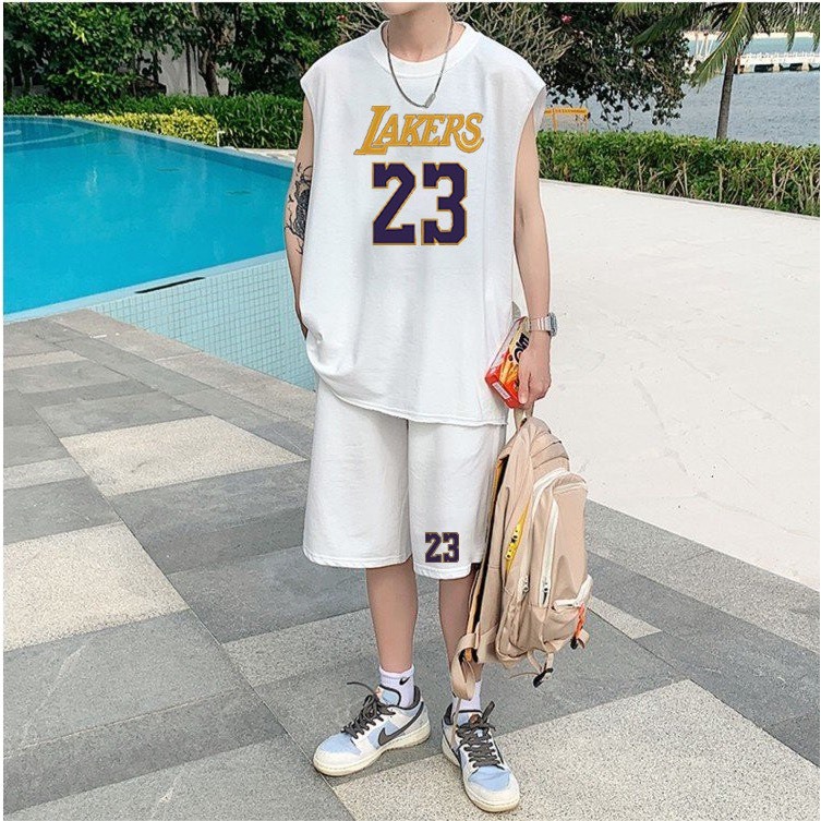 Bộ Phông Hè Thể Thao Cổ Tròn Phối Chữ LAKERS Cá Tính Sành Điệu, Chất Liệu Cotton Mềm Mịn Thấm Hút Mồ Hôi Cực Tốt