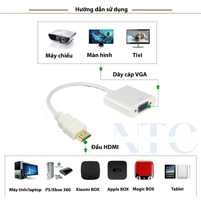 Cáp HDMI Sang VGA Cao Cấp – Hỗ Trợ Full HD 1920x1080P, Dùng Cho PC, Laptop, TV, Máy Chiếu | BigBuy360 - bigbuy360.vn