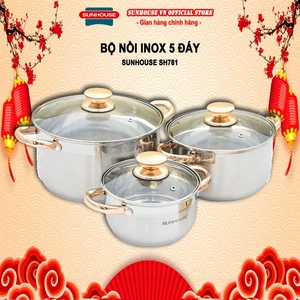 Bộ Nồi Inox 5 Đáy SUNHOUSE SH781 Mạ Vàng quai cầm, Sử Dụng được trên Mọi Loại Bếp (Có 3 size 16,20,24cm)