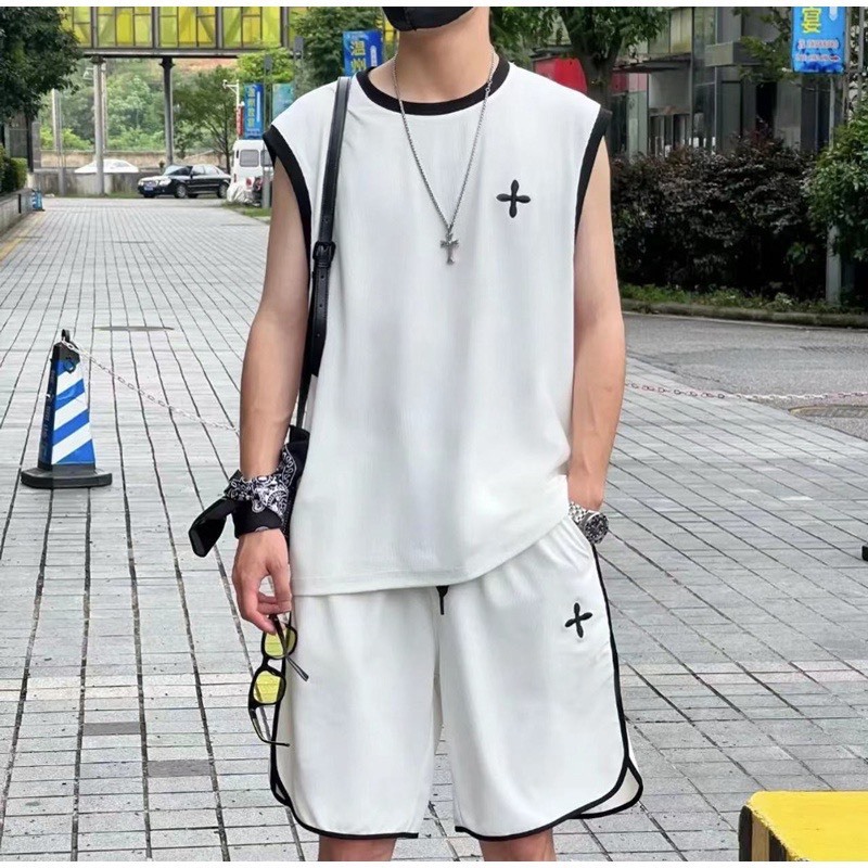 Bộ Phông Ba Lỗ Thể Thao Cổ Tròn Phối Chữ Thập Cá Tính Sành Điệu, Chất Liệu Cotton Mềm Mịn Thấm Hút Mồ Hôi Cực Tốt