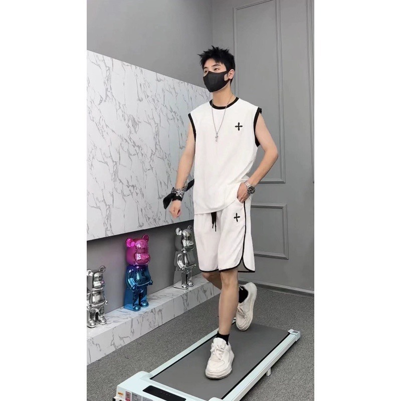 Bộ Phông Ba Lỗ Thể Thao Cổ Tròn Phối Chữ Thập Cá Tính Sành Điệu, Chất Liệu Cotton Mềm Mịn Thấm Hút Mồ Hôi Cực Tốt