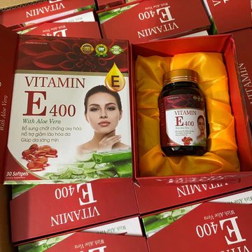 Viên uống trắng da mờ nám VITAMIN E400 With Aloe Vera + Vitamin E 400 iu tinh dầu hoa anh thảo Vitamin E đỏ-Hộp 30 viên