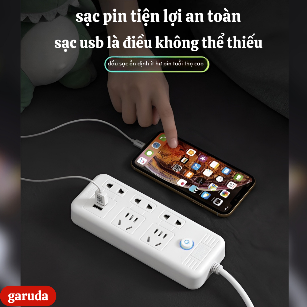 Ổ cắm điện đa năng thông minh GARUDA 2 cổng USB 15v sạc nhanh, chống cháy, ổ chịu tải 2500W, tiết kiệm 30 kilowatt giờ