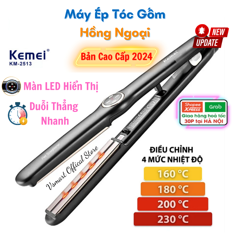 Máy duỗi tóc Kemei KM-2513, Máy là ép tóc 4 mức nhiệt phù hợp với mọi loại tóc bảng nhiệt phủ gốm dùng là tóc, uốn sóng