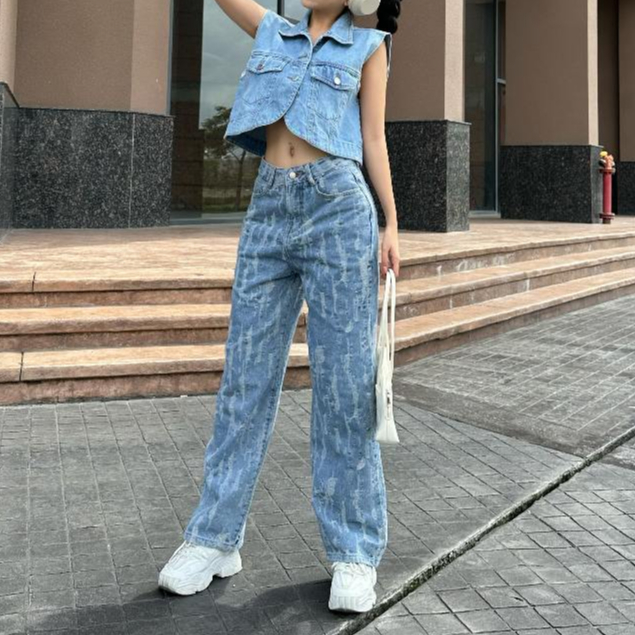 Quần jeans Nữ TIQI JEAN Sống rộng họa tiết xước B2-014
