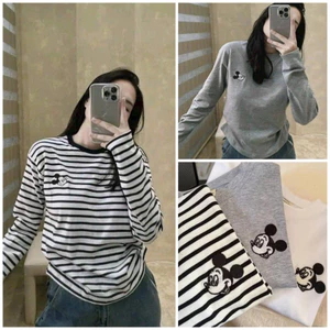 Áo Thun Dài Tay Thêu Chuột MICKEY Nữ. Phông Kiểu Dáng Basic Chất Dày Dặn Co Giãn 3 Màu